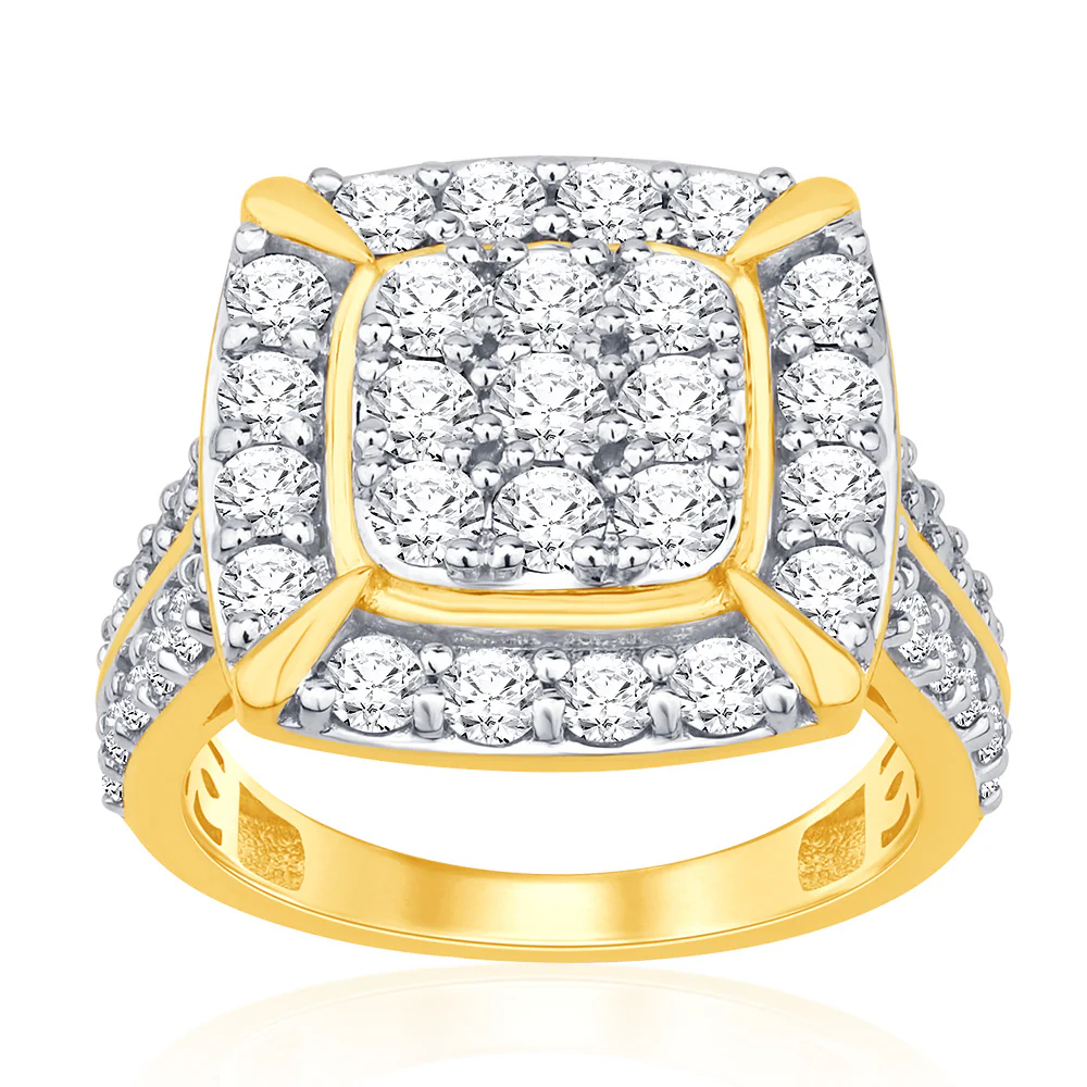 9ct Yellow Gold Cushion Shape 2 Carat Cluster Diamond Ring