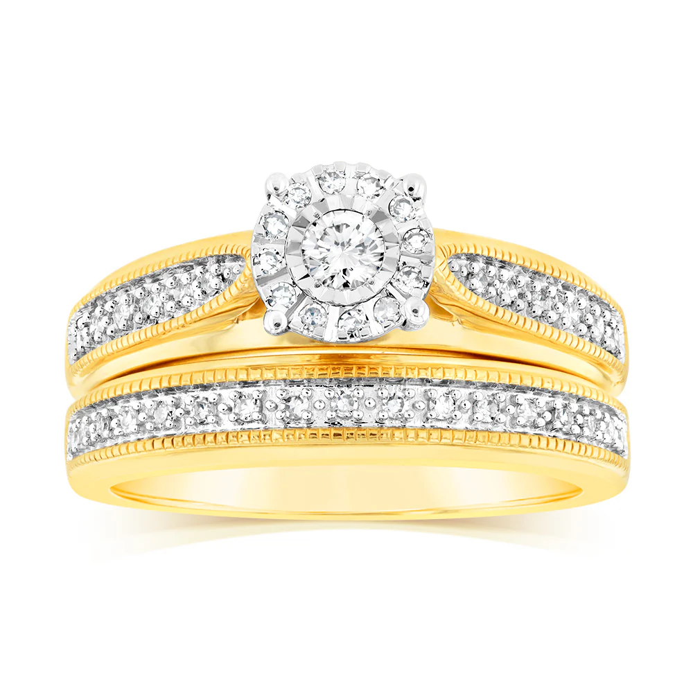 9ct Yellow Gold Cushion Shaped Bridal Ring Set in 0.30 Carat Natural Diamonds