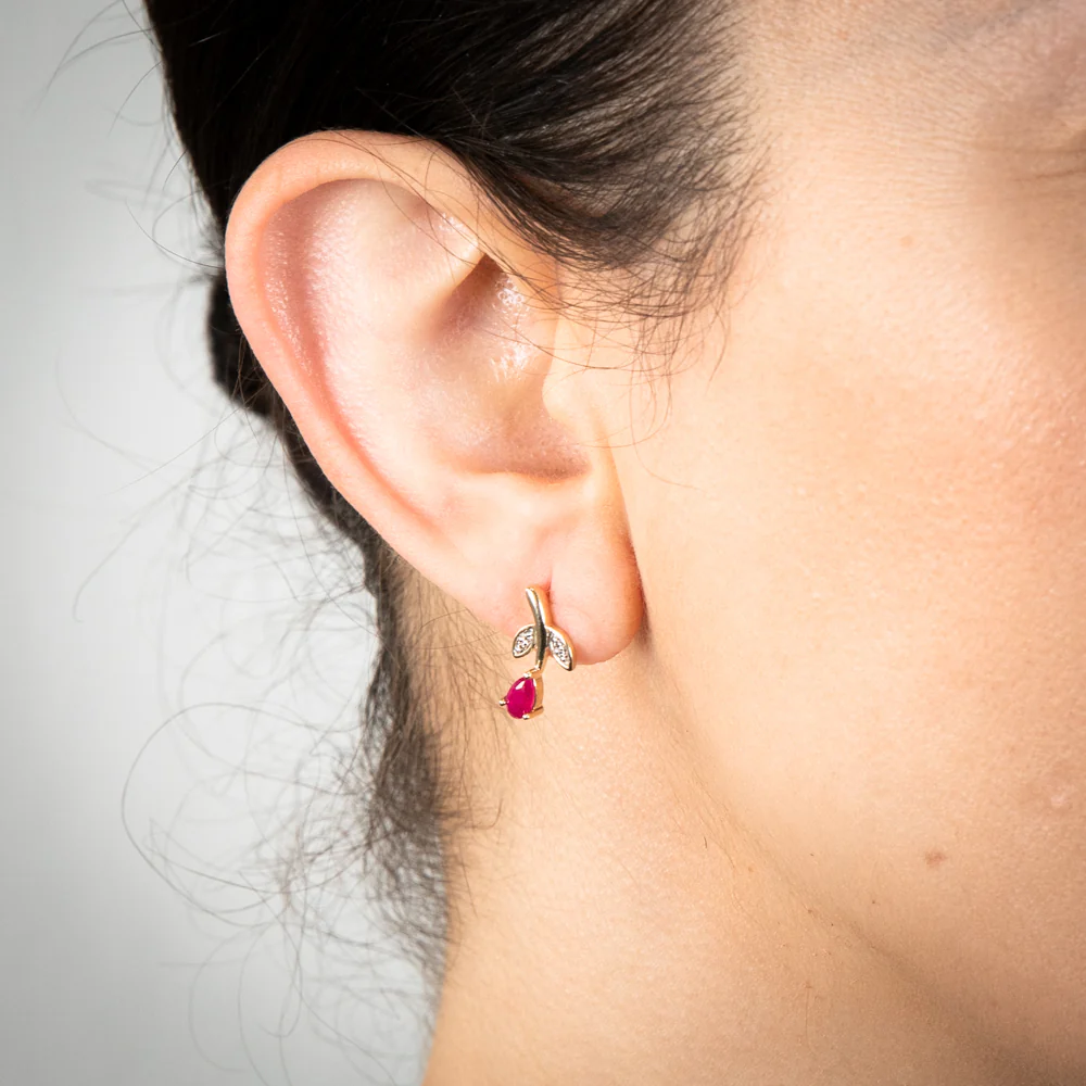 9ct Yellow Gold Diamond And Created Pear Shaped Ruby Stud Earrings - Image 2