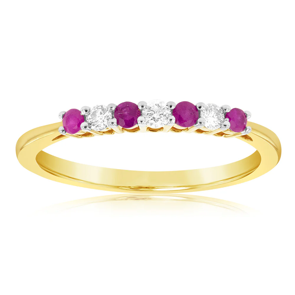 9ct Yellow Gold Diamond And Created Round Ruby Ring