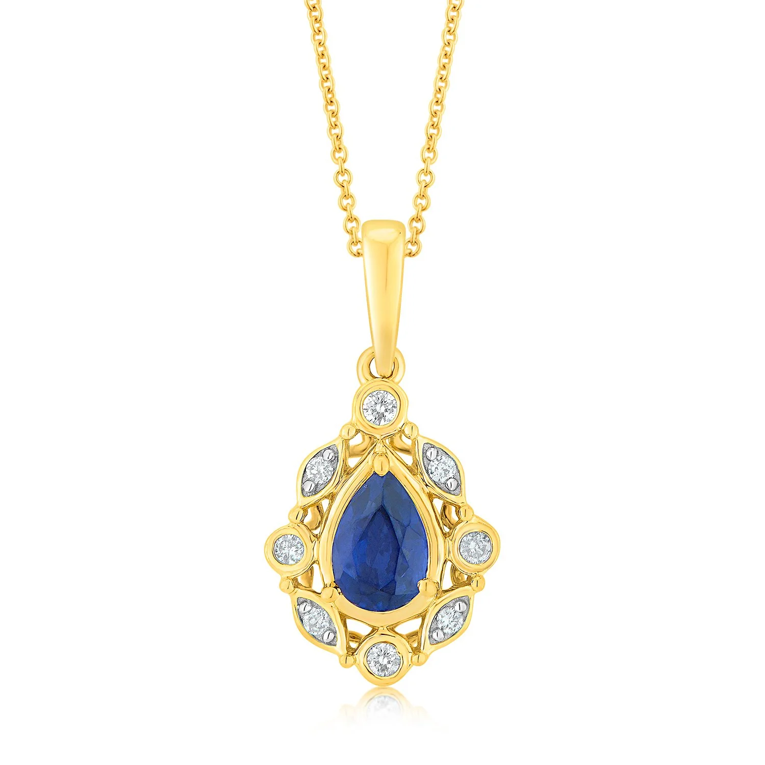 9ct Yellow Gold Diamond And Created Sapphire Pendant With Chain