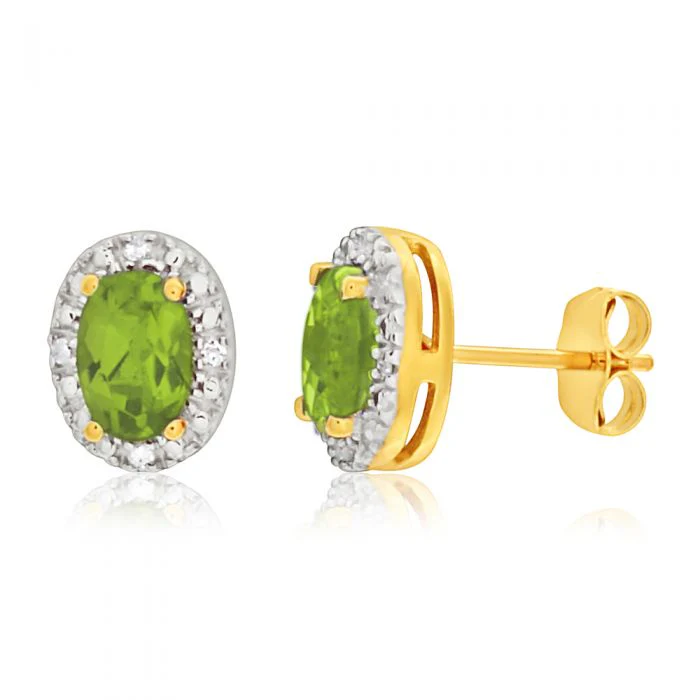 9ct Yellow Gold Diamond and Peridot Stud Earrings