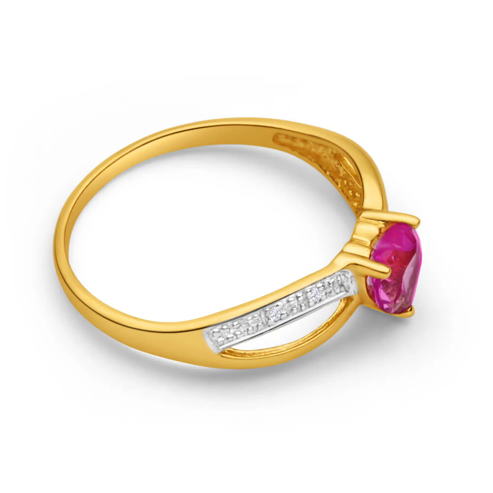 9ct Yellow Gold Diamond + Created Pink Sapphire Ring - Image 2