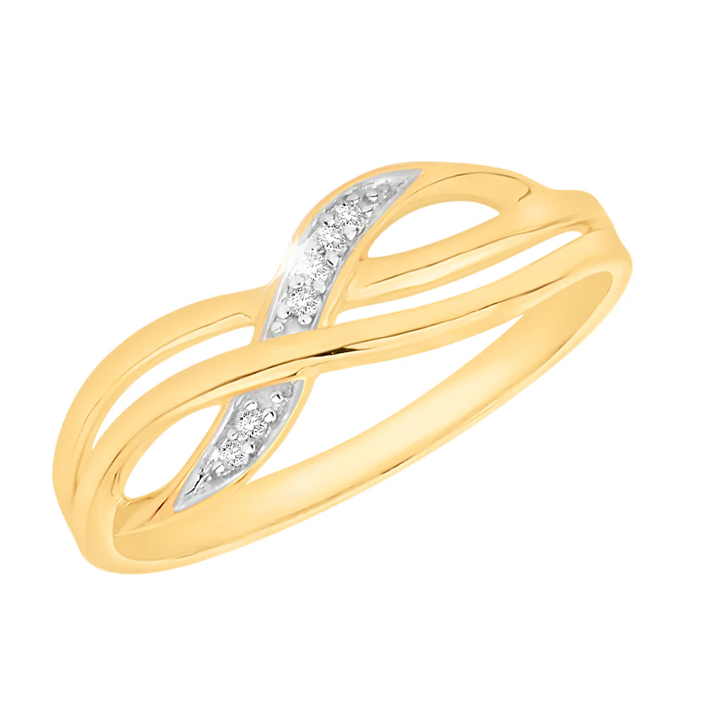 9ct Yellow Gold Diamond Cross Over Ring with 6 Brilliant Diamonds
