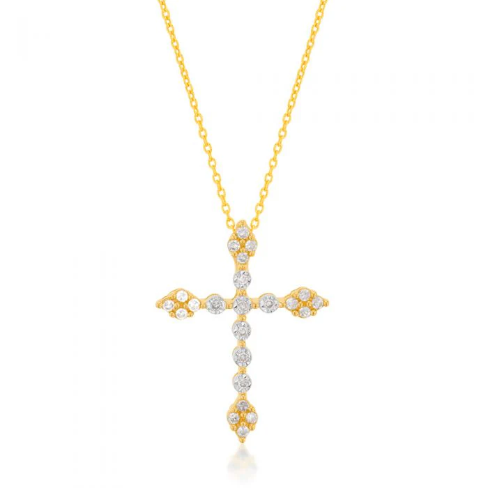 9ct Yellow Gold Diamond Cross with 23 Diamonds Chain Included
