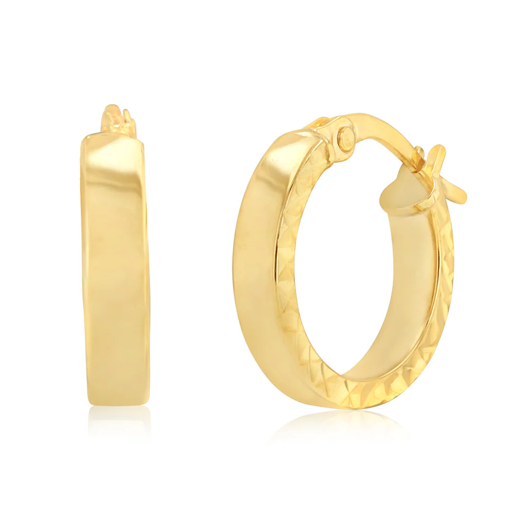 9ct Yellow Gold Diamond Cut 10mm Hoop Earrings