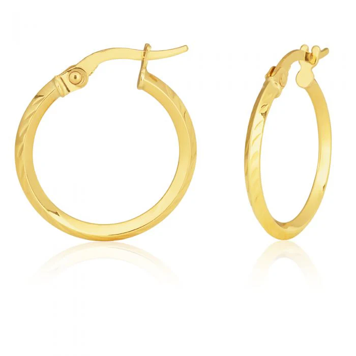 9ct Yellow Gold Diamond Cut 15mm Hoop Earrings
