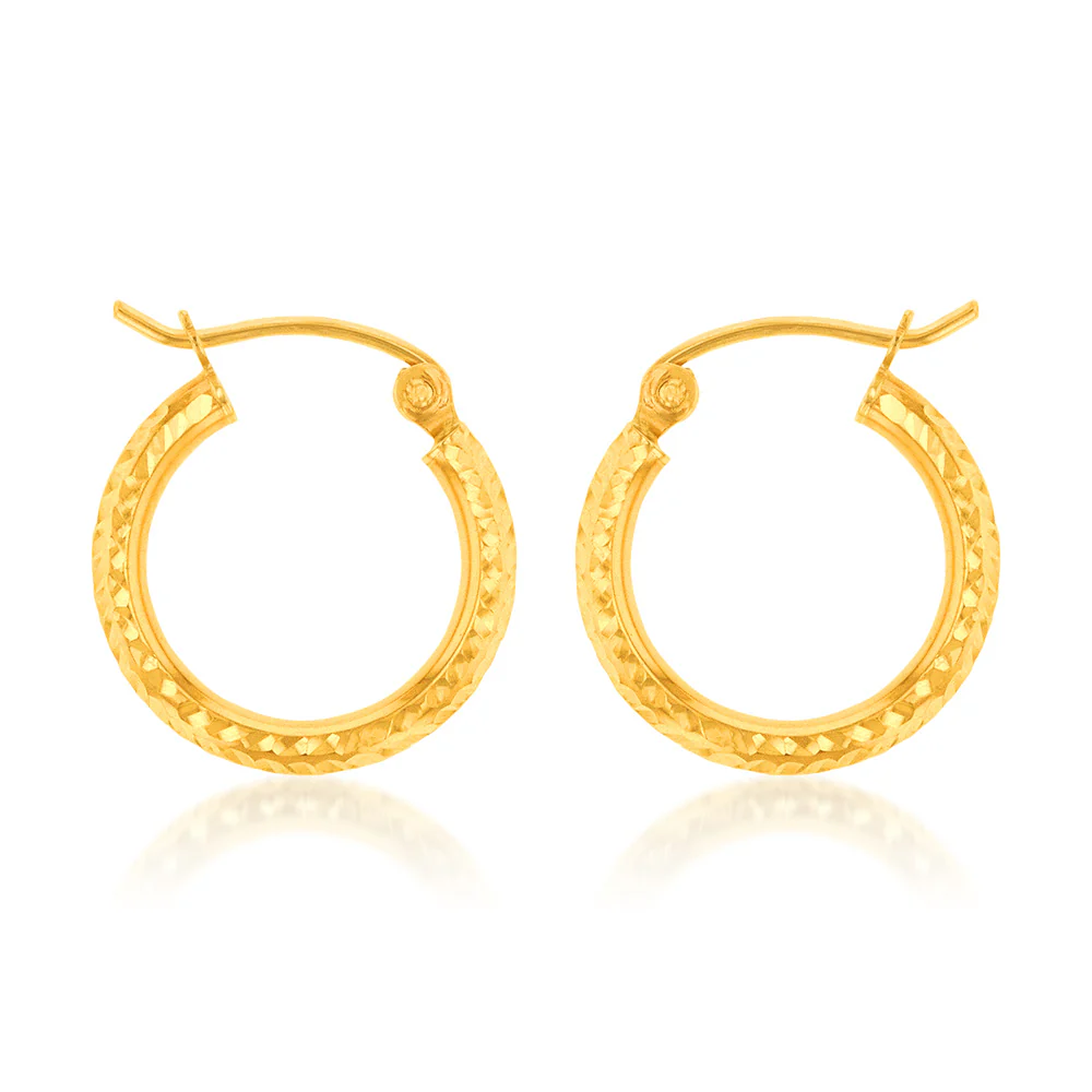 9ct Yellow Gold Diamond Cut 15mm Hoop Earrings
