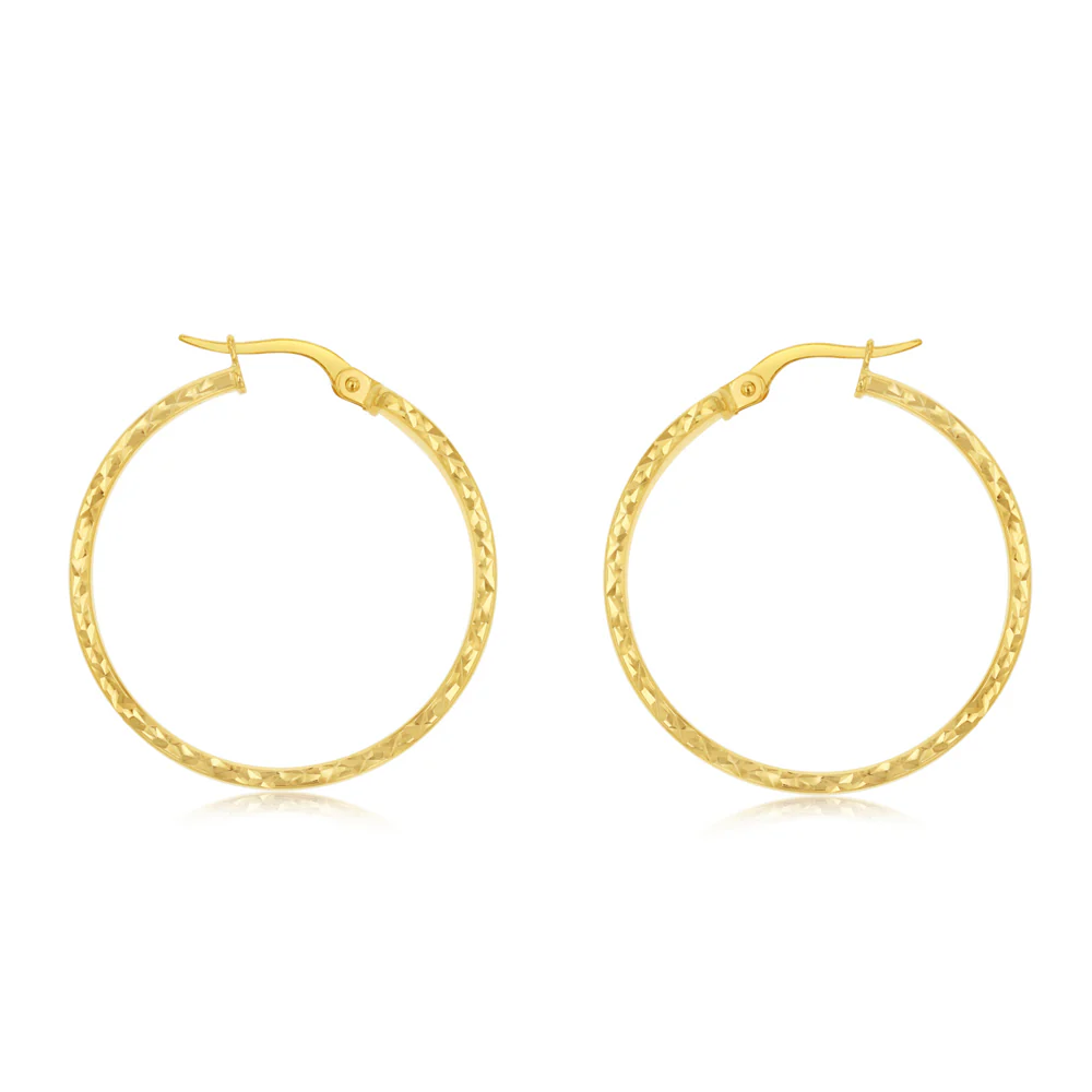 9ct Yellow Gold Diamond Cut 25mm Hoop Earrings