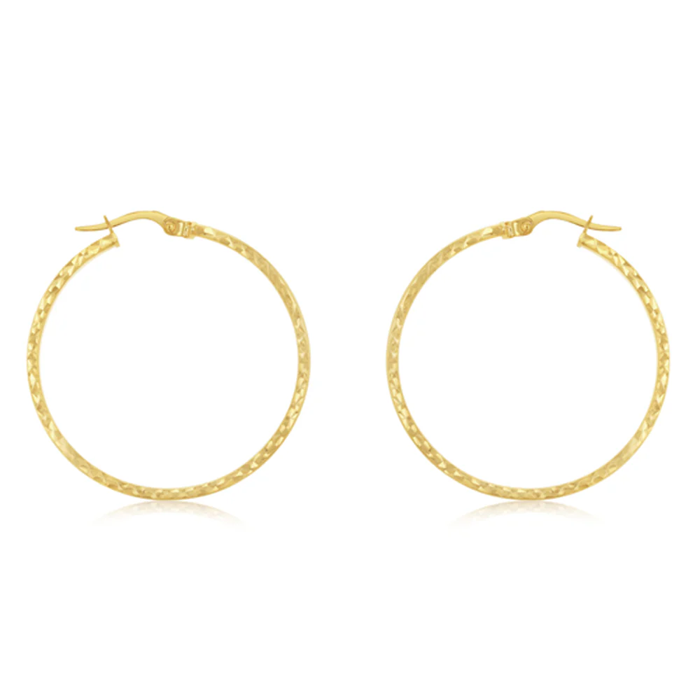9ct Yellow Gold Diamond Cut 30mm Hoop Earrings