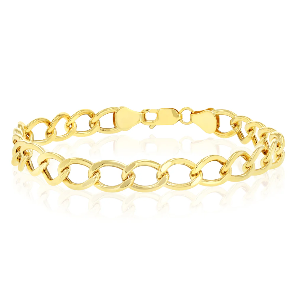 9ct Yellow Gold Diamond Cut Hollow 21cm Curb Bracelet