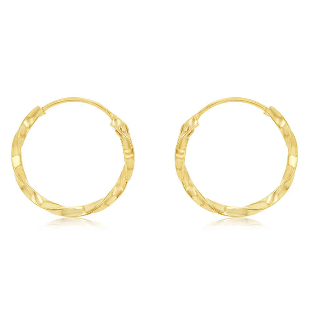 9ct Yellow Gold Diamond Cut Twisted 1.25 x 12mm Sleeper Hoop Earrings