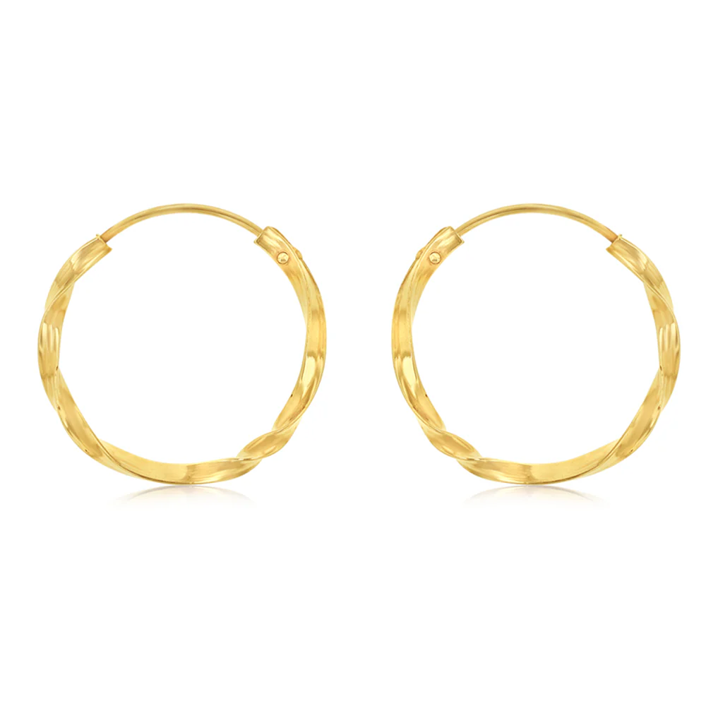 9ct Yellow Gold Diamond Cut Twisted 1.25 X 14mm Sleeper Hoop Earrings