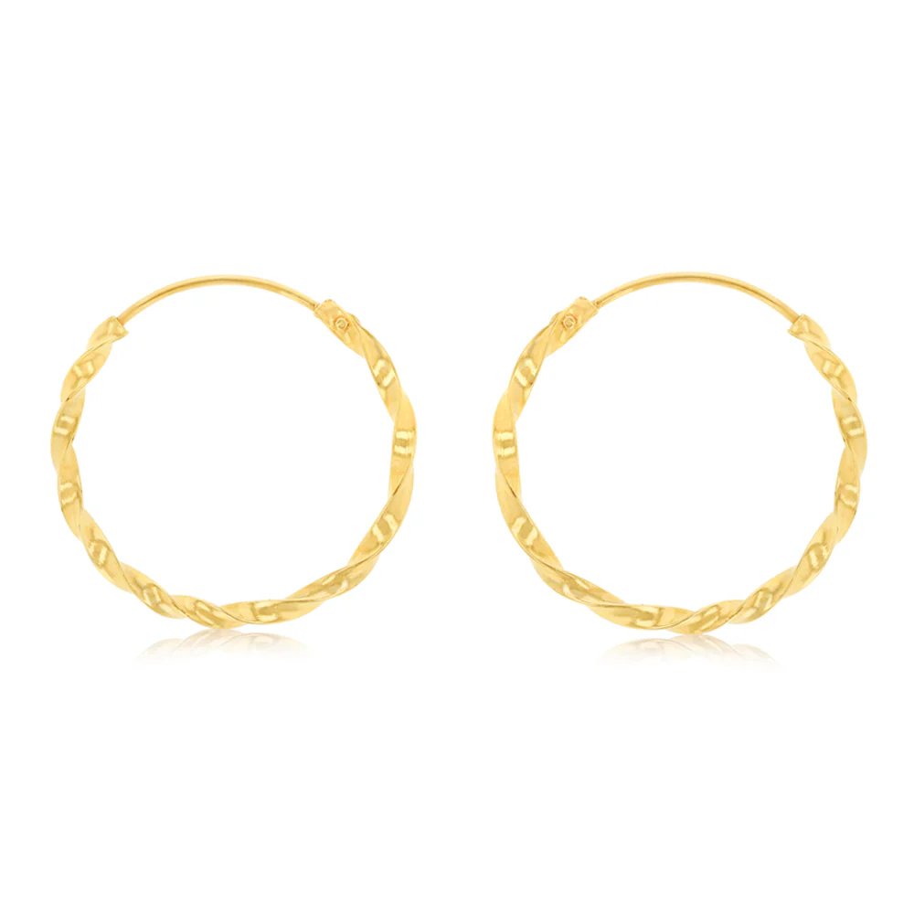 9ct Yellow Gold Diamond Cut Twisted 1.25 X 16mm Sleeper Hoop Earrings