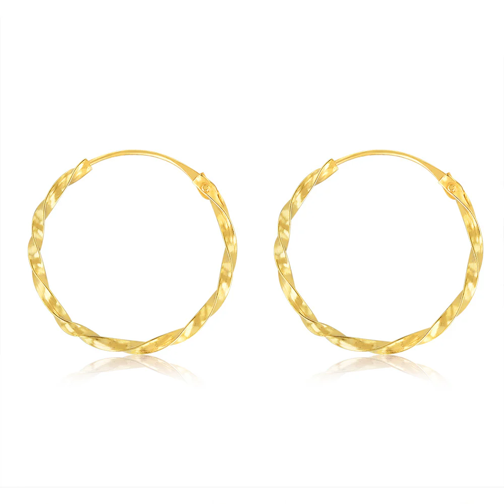 9ct Yellow Gold Diamond Cut Twisted 1.25 X 18mm Sleeper Hoop Earrings