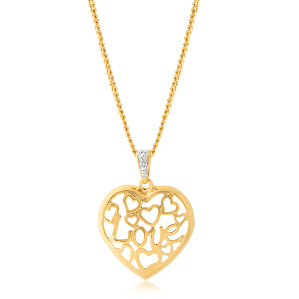 9ct Yellow Gold Diamond Love & Hearts Pendant with 1 Brilliant Cut Diamond