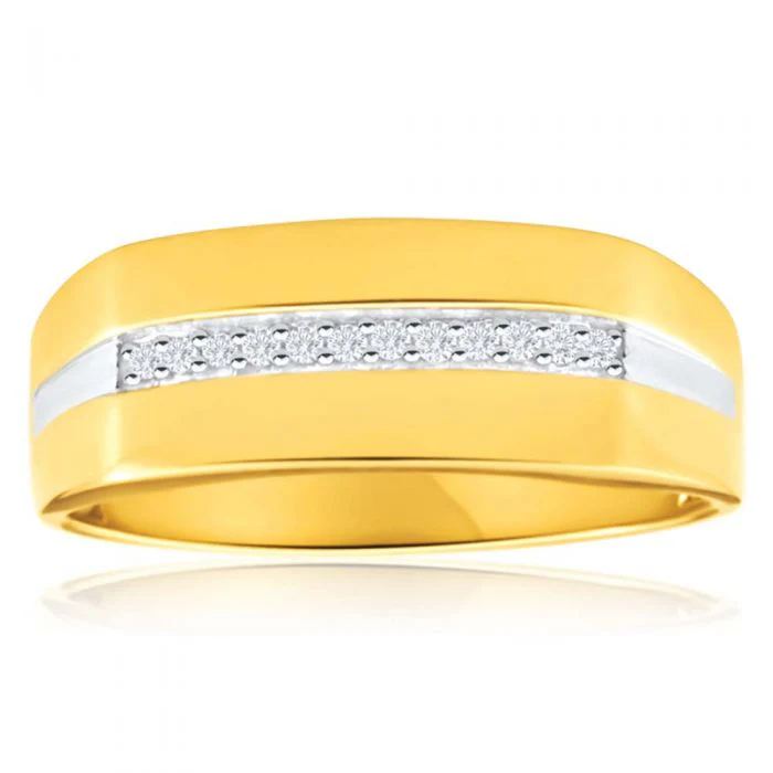 9ct Yellow Gold Diamond Mens Ring with 10 Brilliant Diamonds