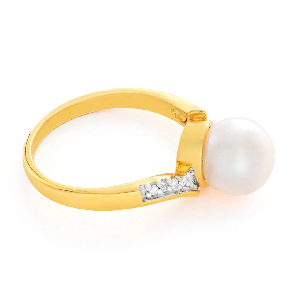 9ct Yellow Gold Diamond + Pearl Ring - Image 2