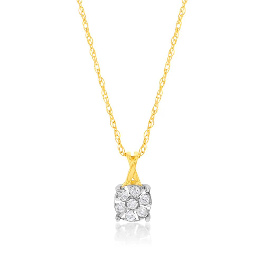 9ct Yellow Gold Diamond Pendant with 7 Brilliant Diamonds on 9ct Chain