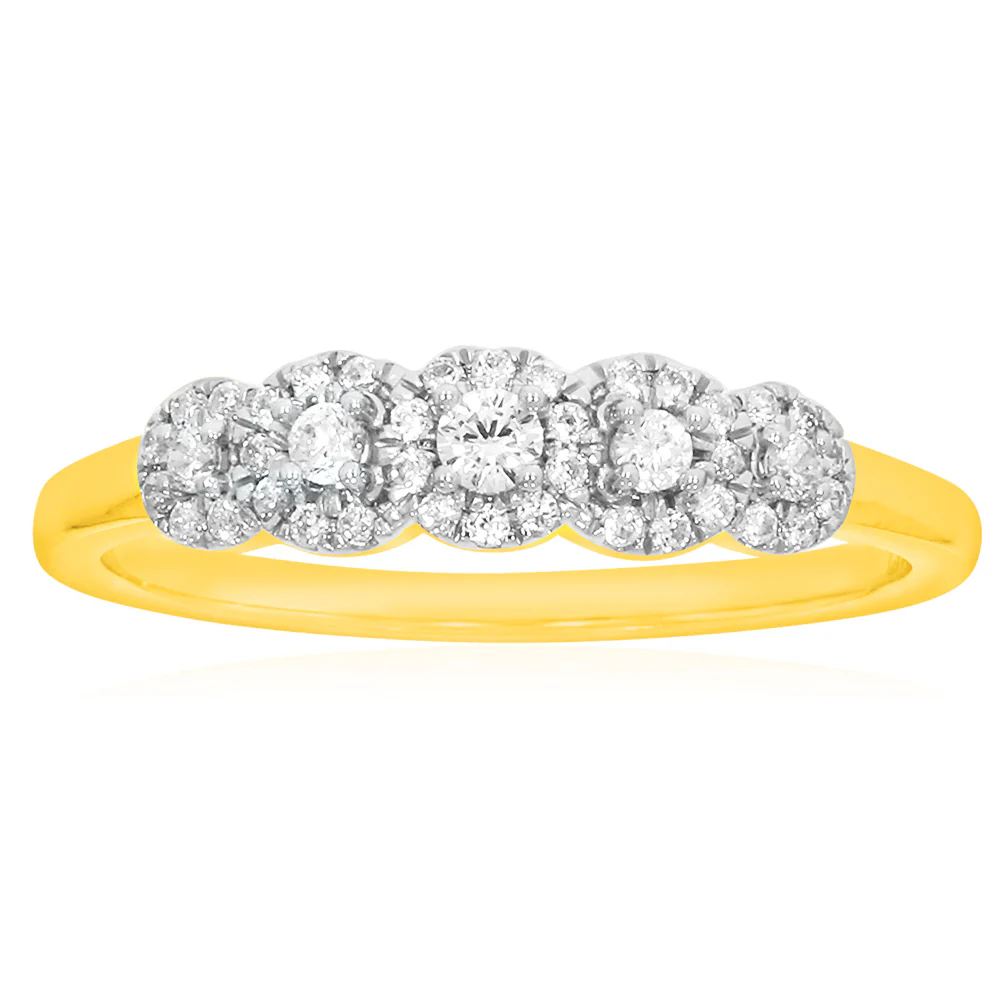 9ct Yellow Gold Diamond Ring with 5 Brilliant Diamonds surrounded by Diamond Halos