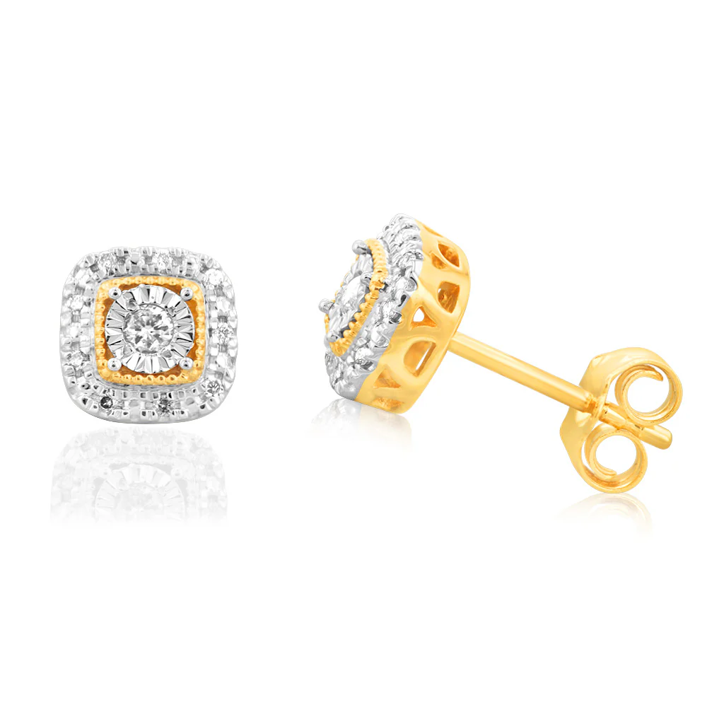 9ct Yellow Gold Diamond Stud Cushion Earrings