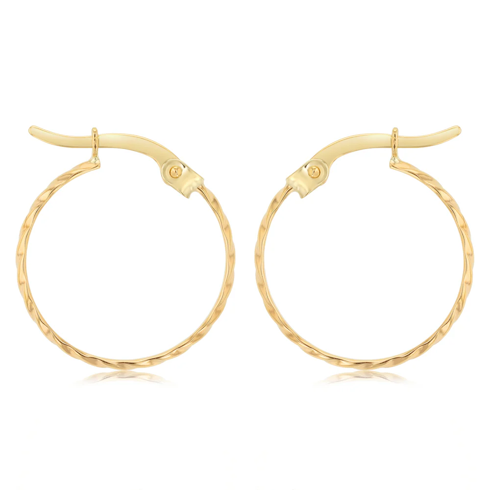 9ct Yellow Gold Dicut 15mm Hoop Earrings