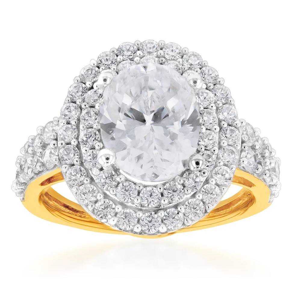 9ct Yellow Gold Double Halo 9x7mm Oval Zirconia Ring
