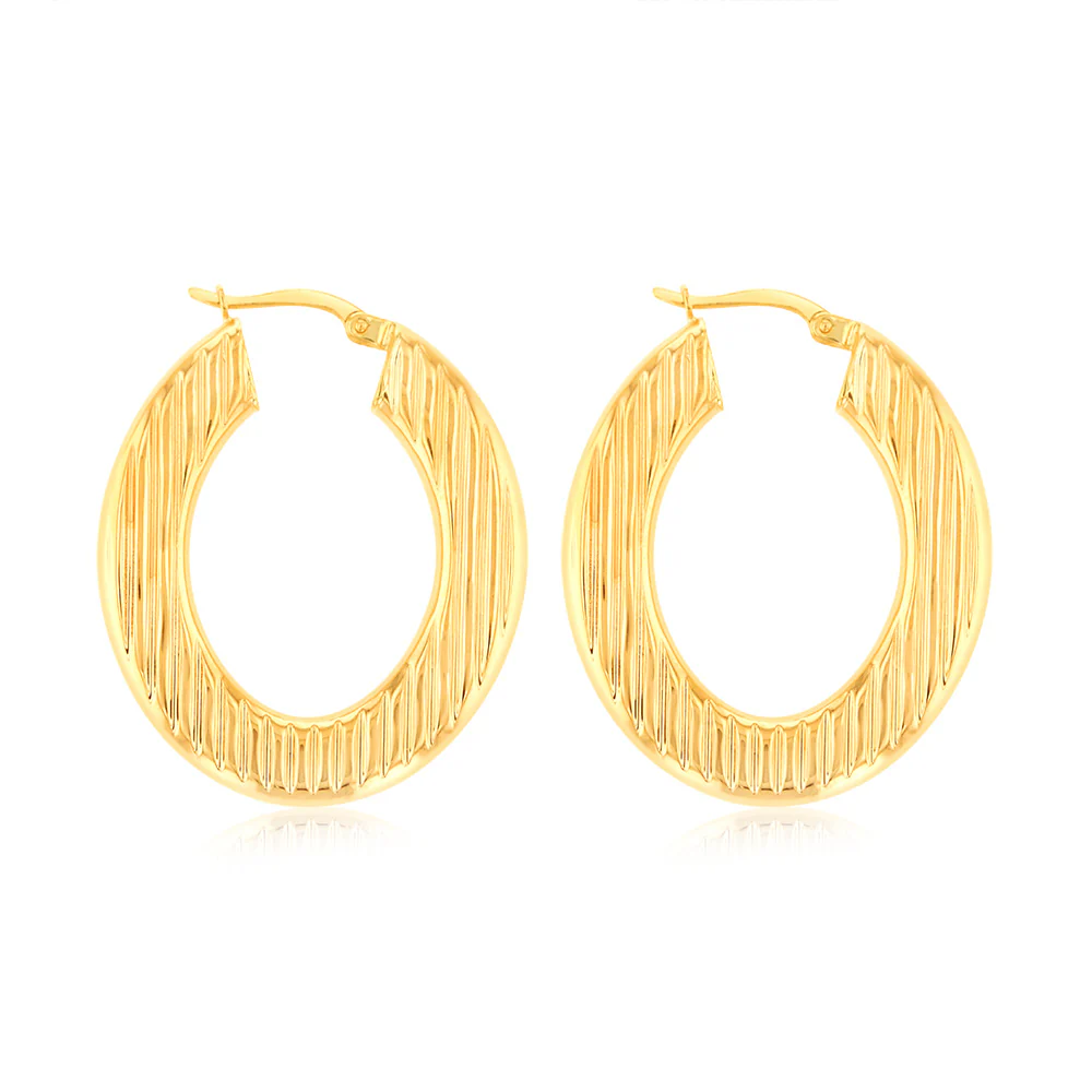 9ct Yellow Gold Double Side Textured Oval Hoop Earrings