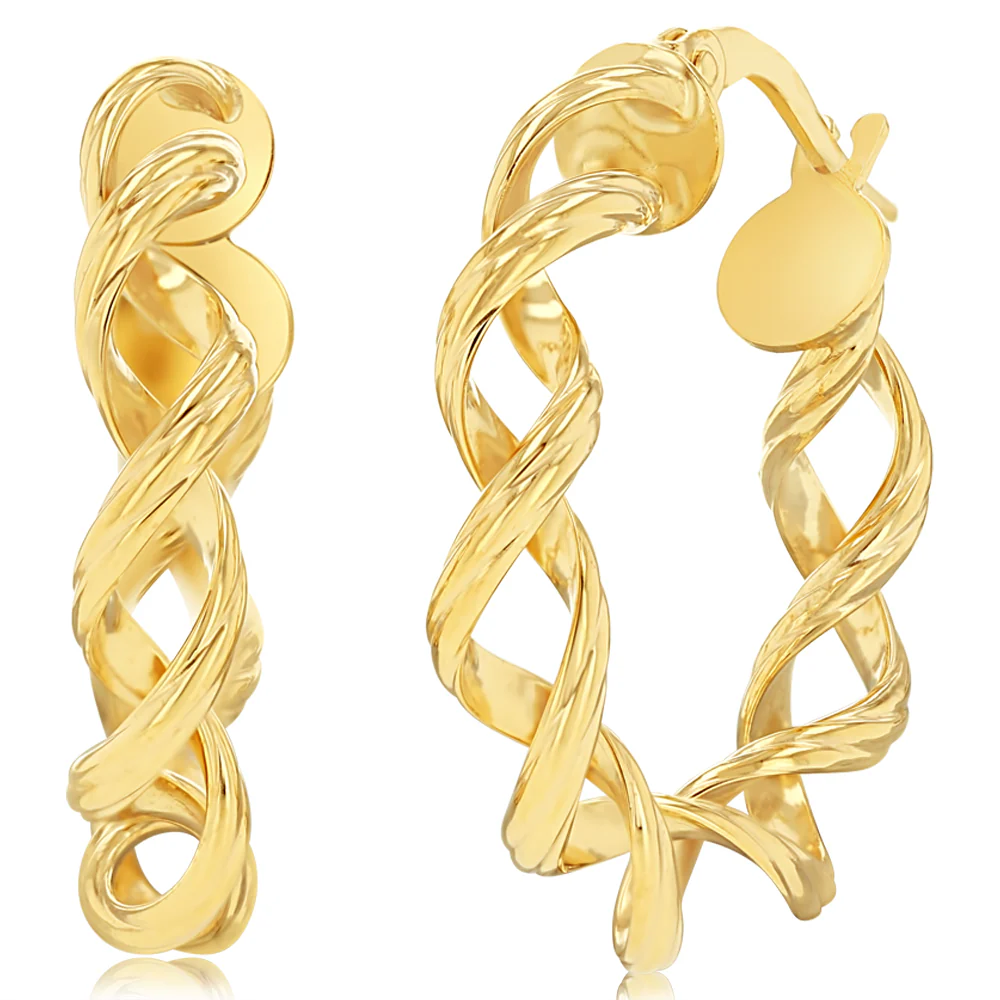 9ct Yellow Gold Double Wire Twisted 15mm Hoop Earrings