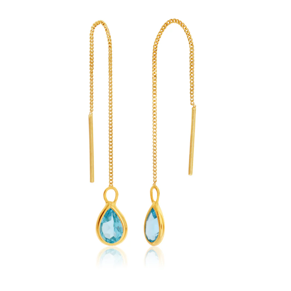 9ct Yellow Gold Drop Blue Topaz Earrings