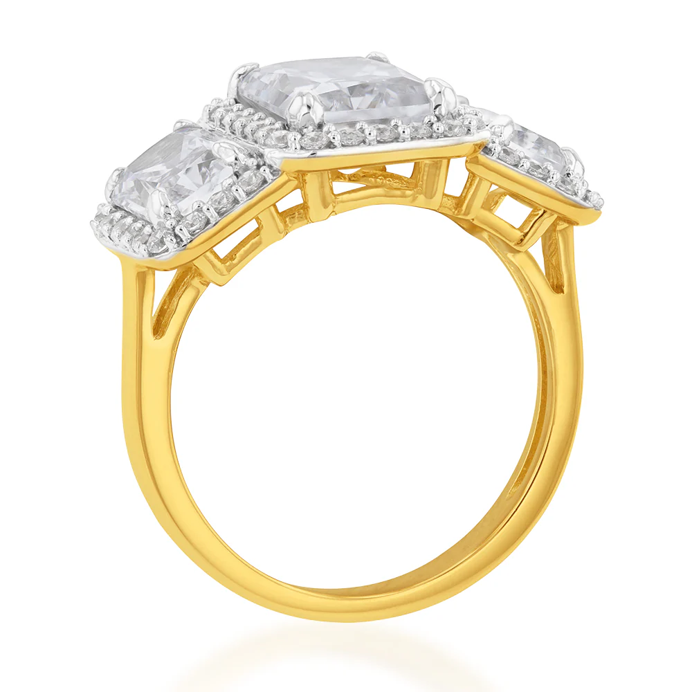 9ct Yellow Gold Emerald Cut Zirconia Trilogy Ring - Image 2