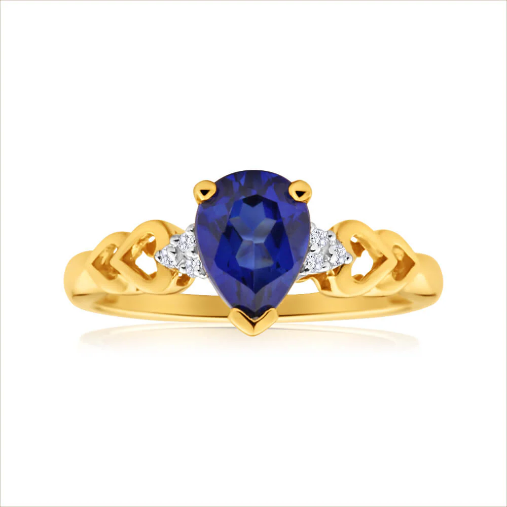 9ct Yellow Gold Enticing Created Sapphire + Diamond Ring