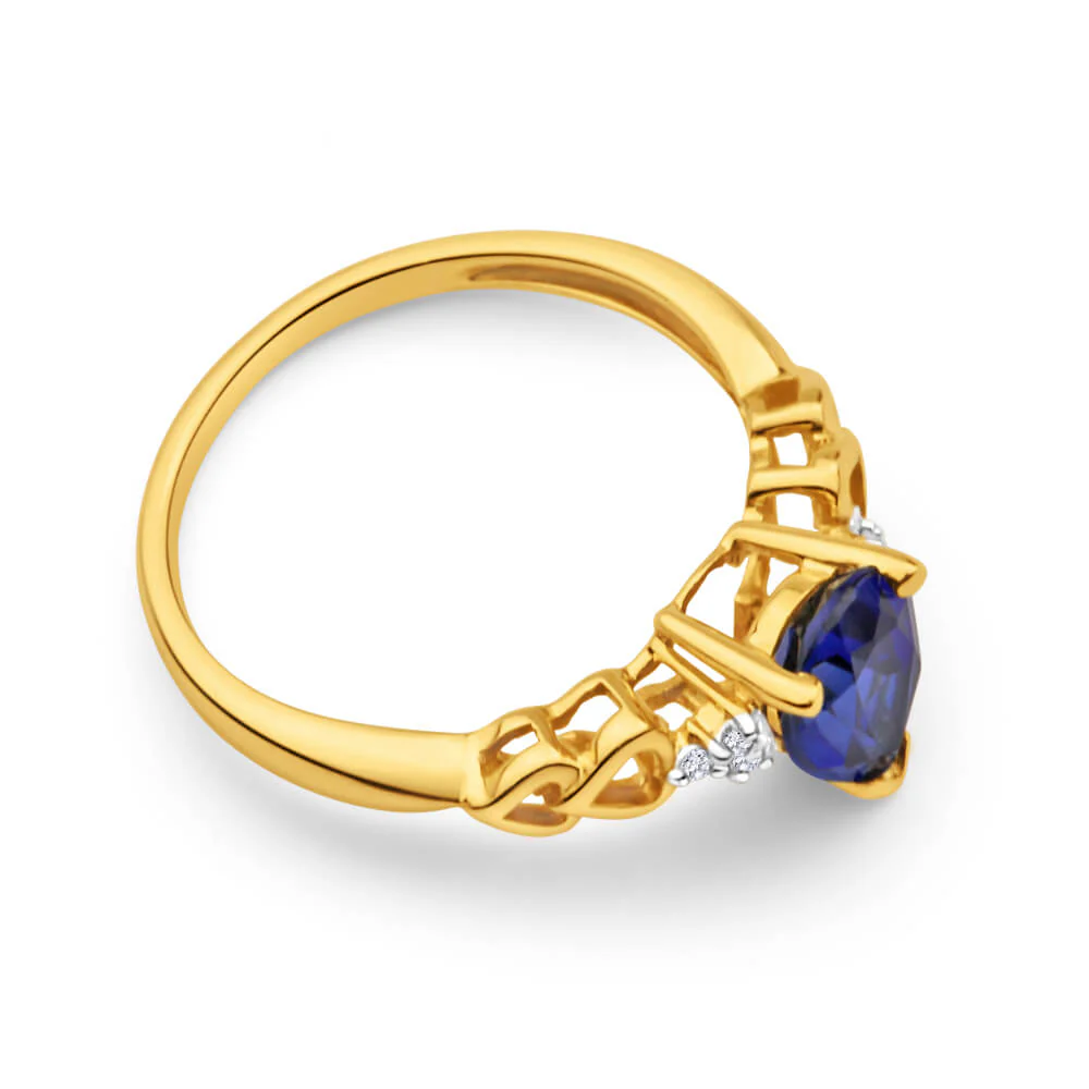 9ct Yellow Gold Enticing Created Sapphire + Diamond Ring - Image 2