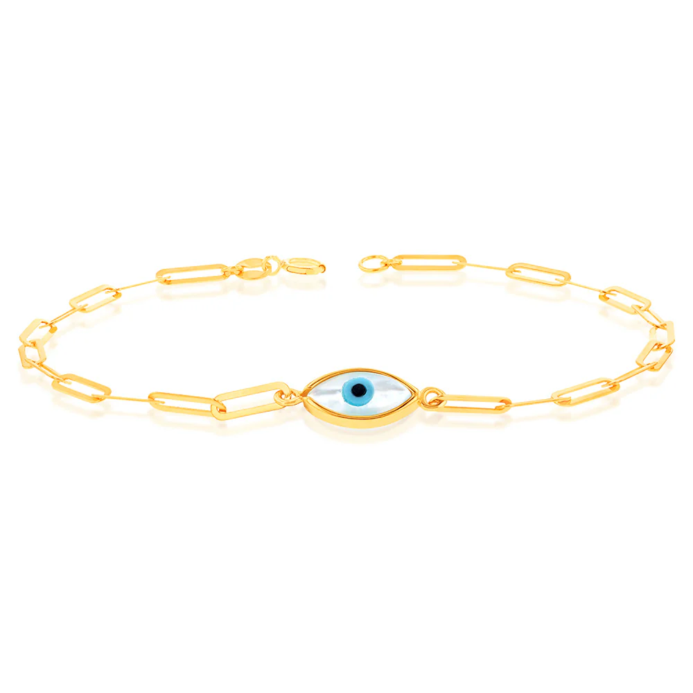 9ct Yellow Gold Evil Eye Paperclip 19cm Bracelet