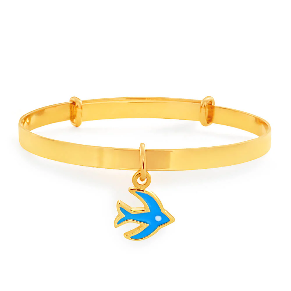 9ct Yellow Gold Expandable Blue Bird Baby Bangle