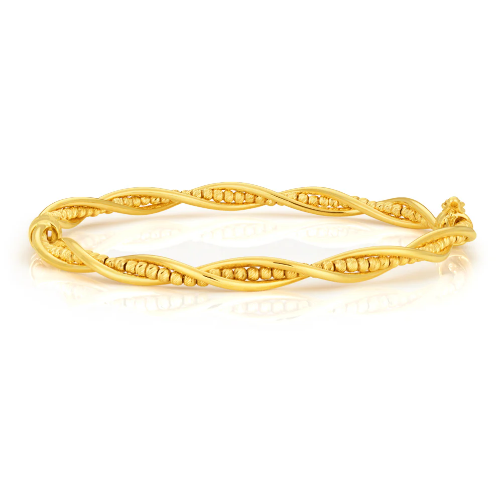 9ct Yellow Gold Fancy Twist Bead Bangle 9y