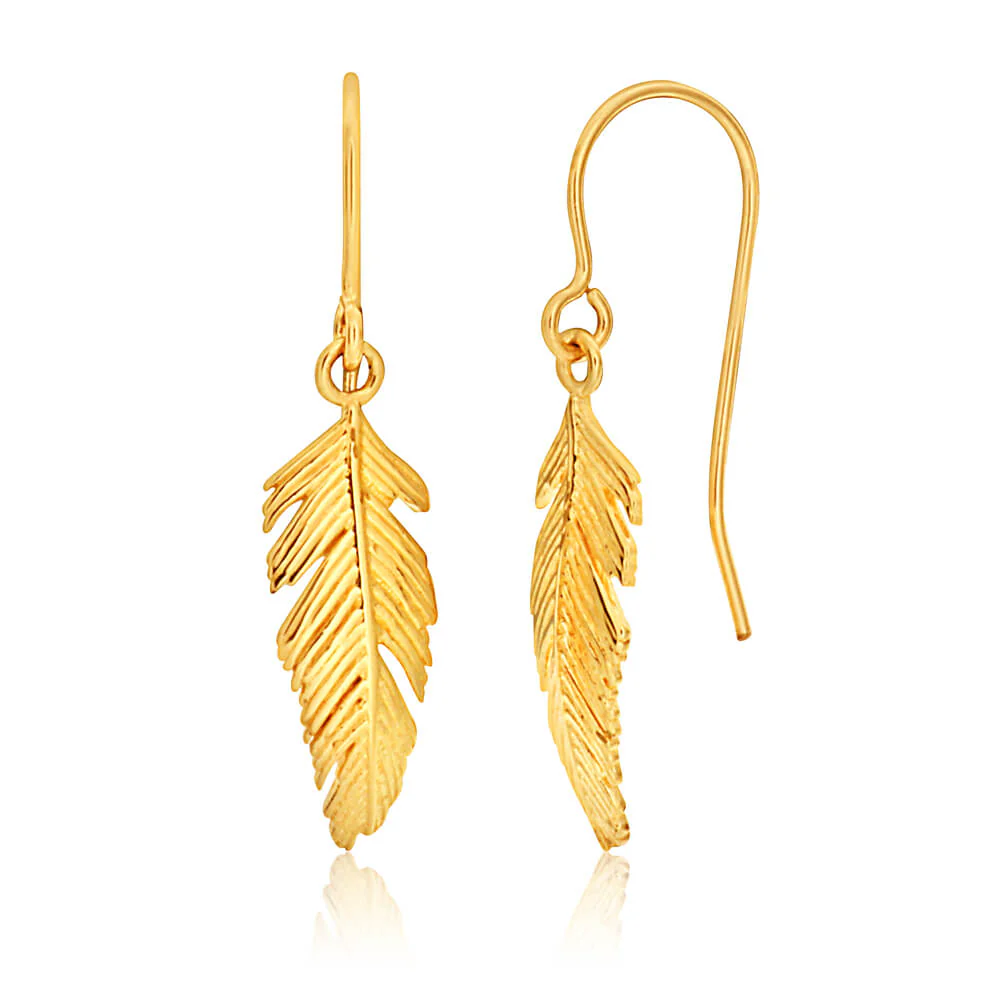 9ct Yellow Gold Feather Drop Earrings
