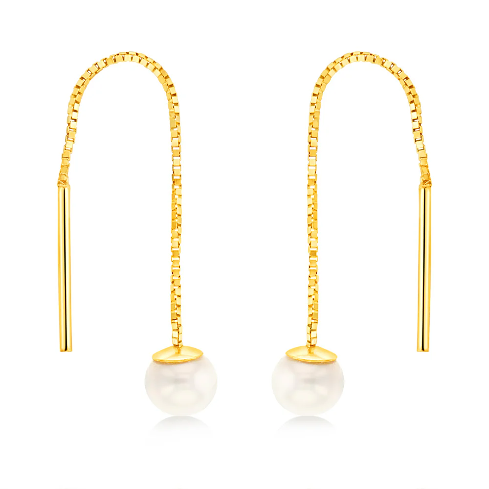 9ct Yellow Gold Fresh Water Pearl Box Chain Threader Earrings