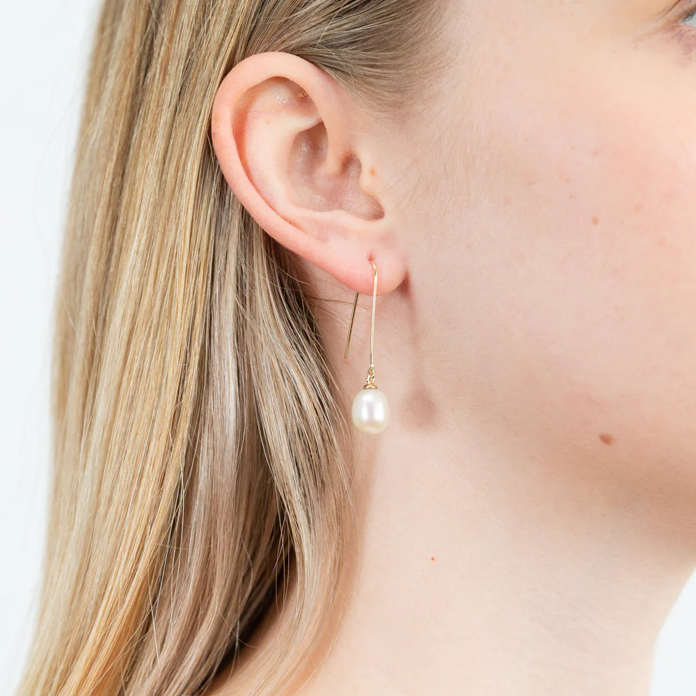 9ct Yellow Gold Fresh Water Pearl Long Drop Earrings - Image 2