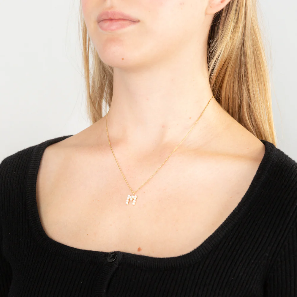 9ct Yellow Gold Fresh Water Pearl Mini Initial "M" Pendant - Image 2