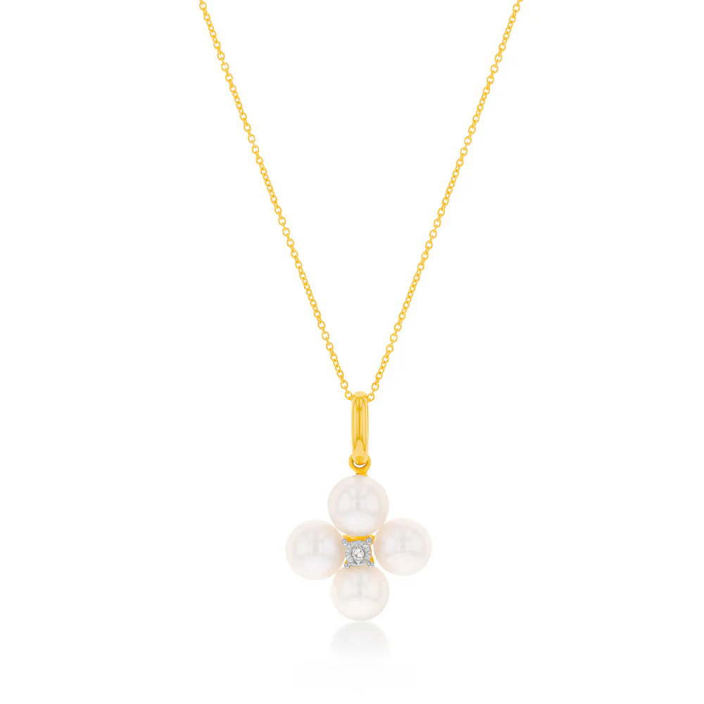 9ct Yellow Gold Freshwater Pearl and Diamond Pendant on Chain