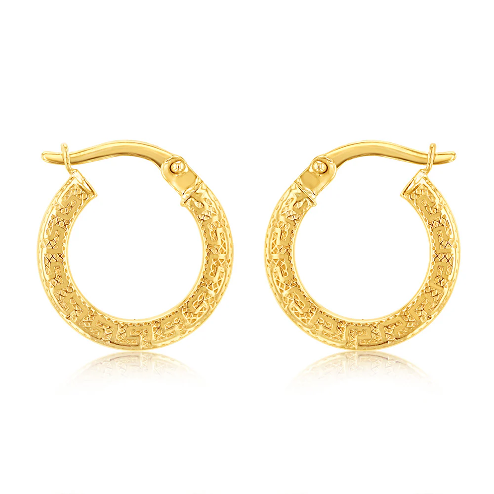 9ct Yellow Gold Greek Key 10mm Hoop Earrings