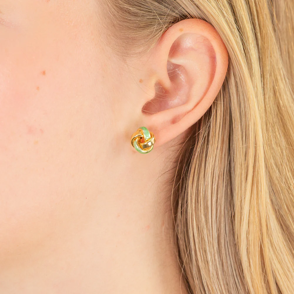 9ct Yellow Gold Green Enamel 4 Way Knot Stud Earrings - Image 2