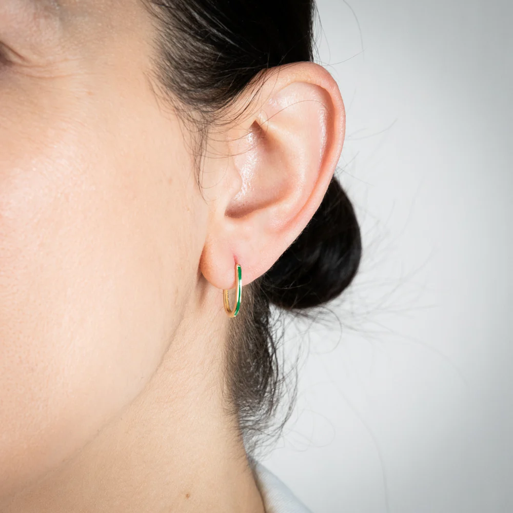 9ct Yellow Gold Green Enamel Hoop Earrings - Image 2