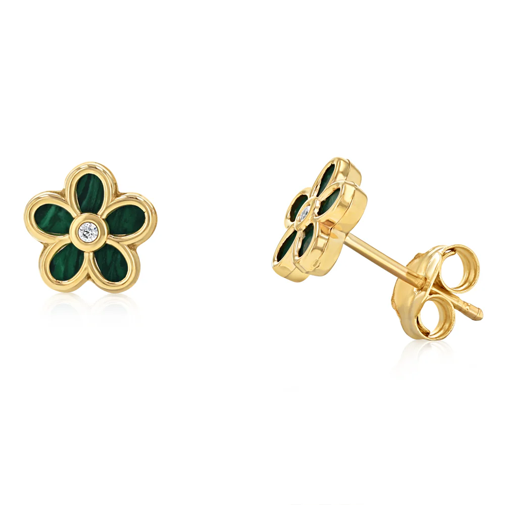 9ct Yellow Gold Green Enamel Mini Five Petal Flower Stud Earrings