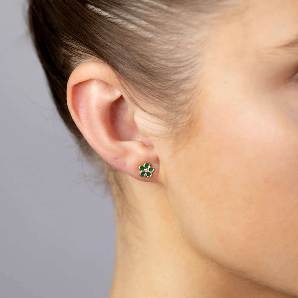 9ct Yellow Gold Green Enamel Mini Five Petal Flower Stud Earrings - Image 2