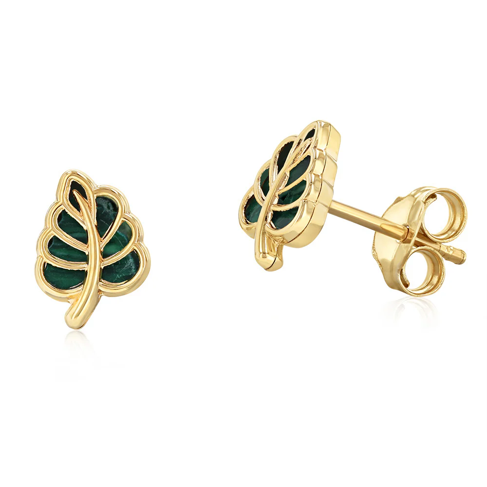 9ct Yellow Gold Green Enamel Mini Leaf Stud Earrings
