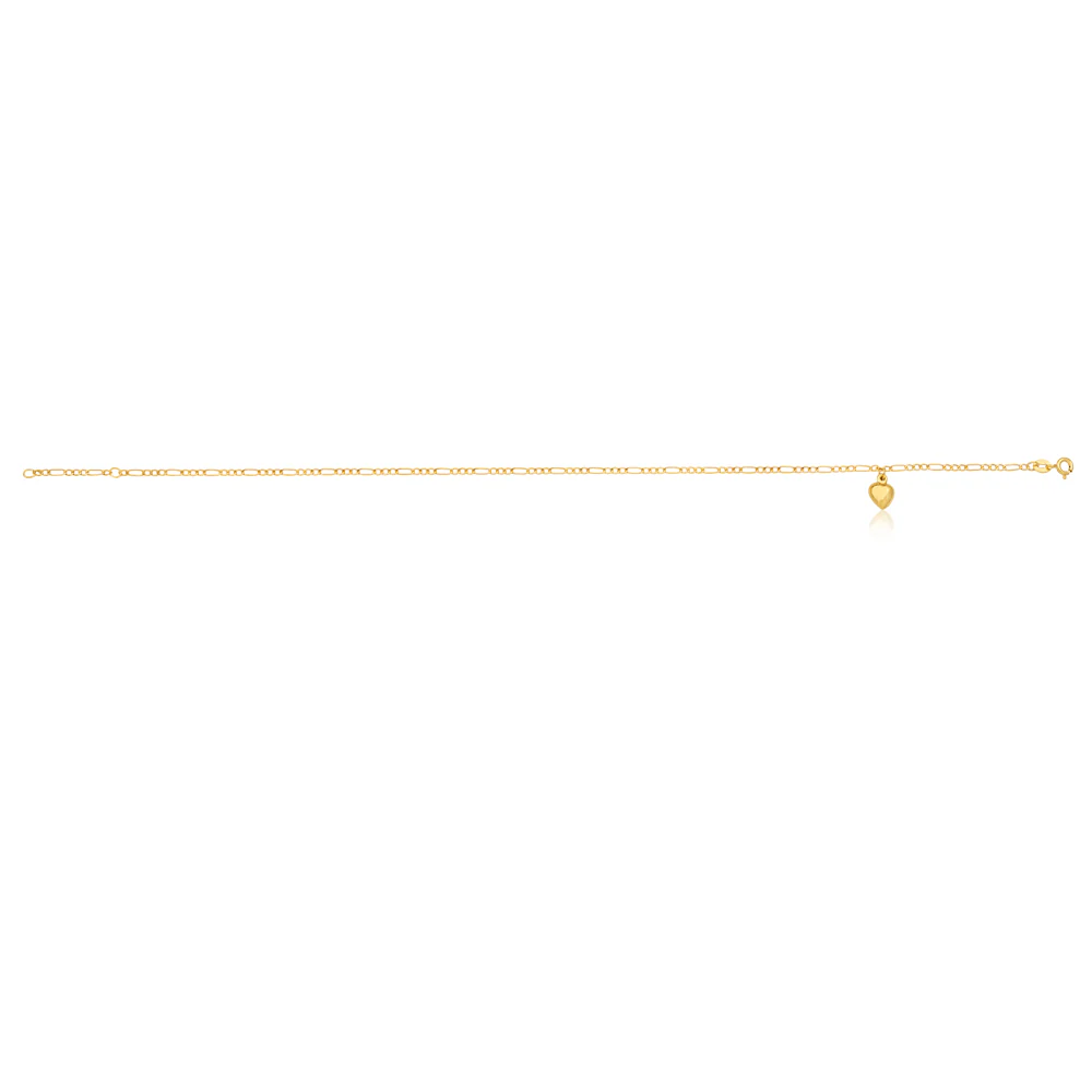 9ct Yellow Gold Heart Charm 3:1 Figaro 29cm Anklet - Image 2
