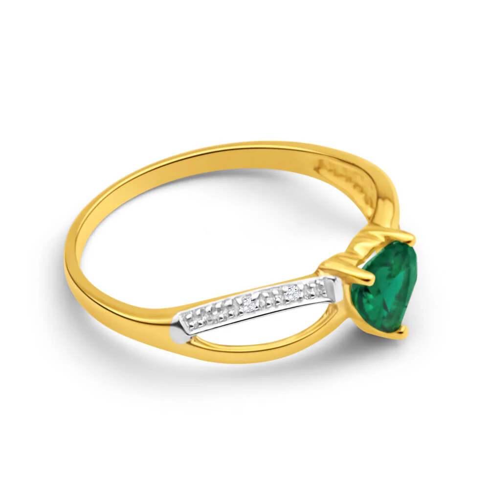 9ct Yellow Gold Heart Created Emerald + Diamond Ring - Image 2