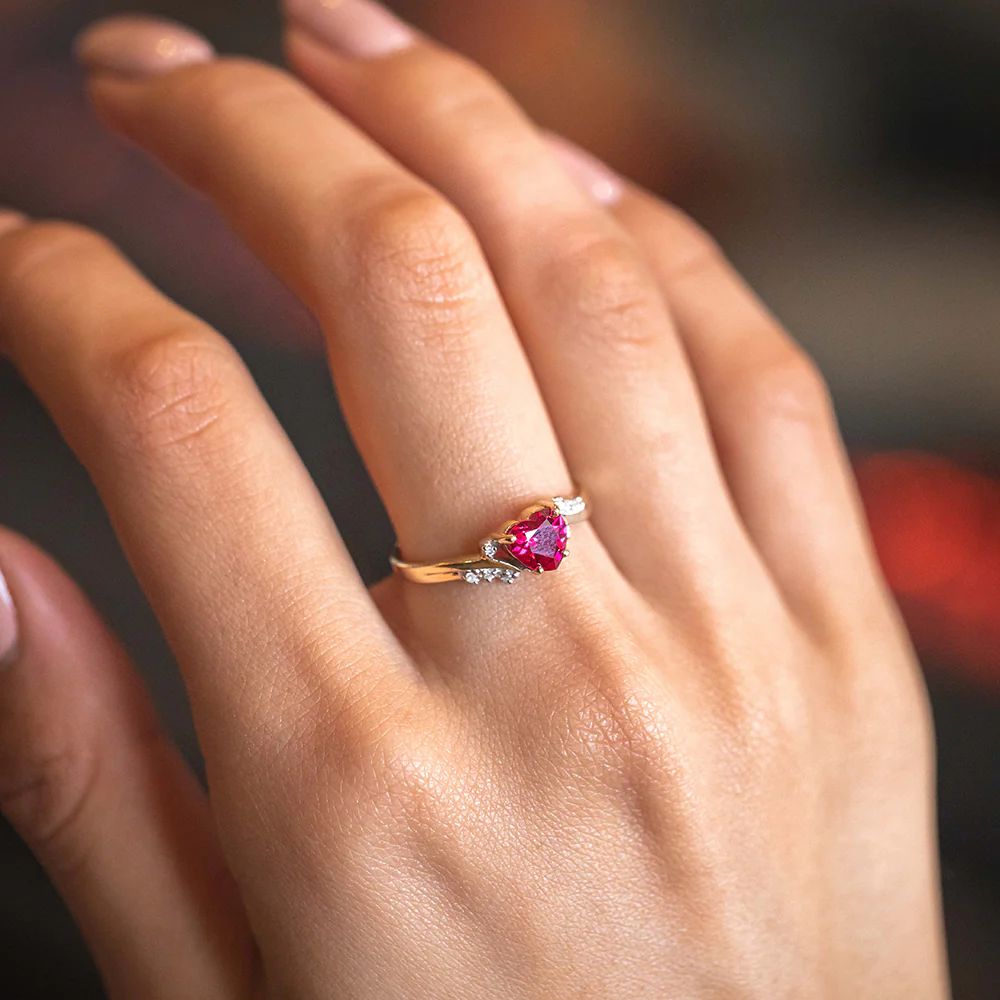 9ct Yellow Gold Heart Created Ruby + Diamond Ring - Image 3